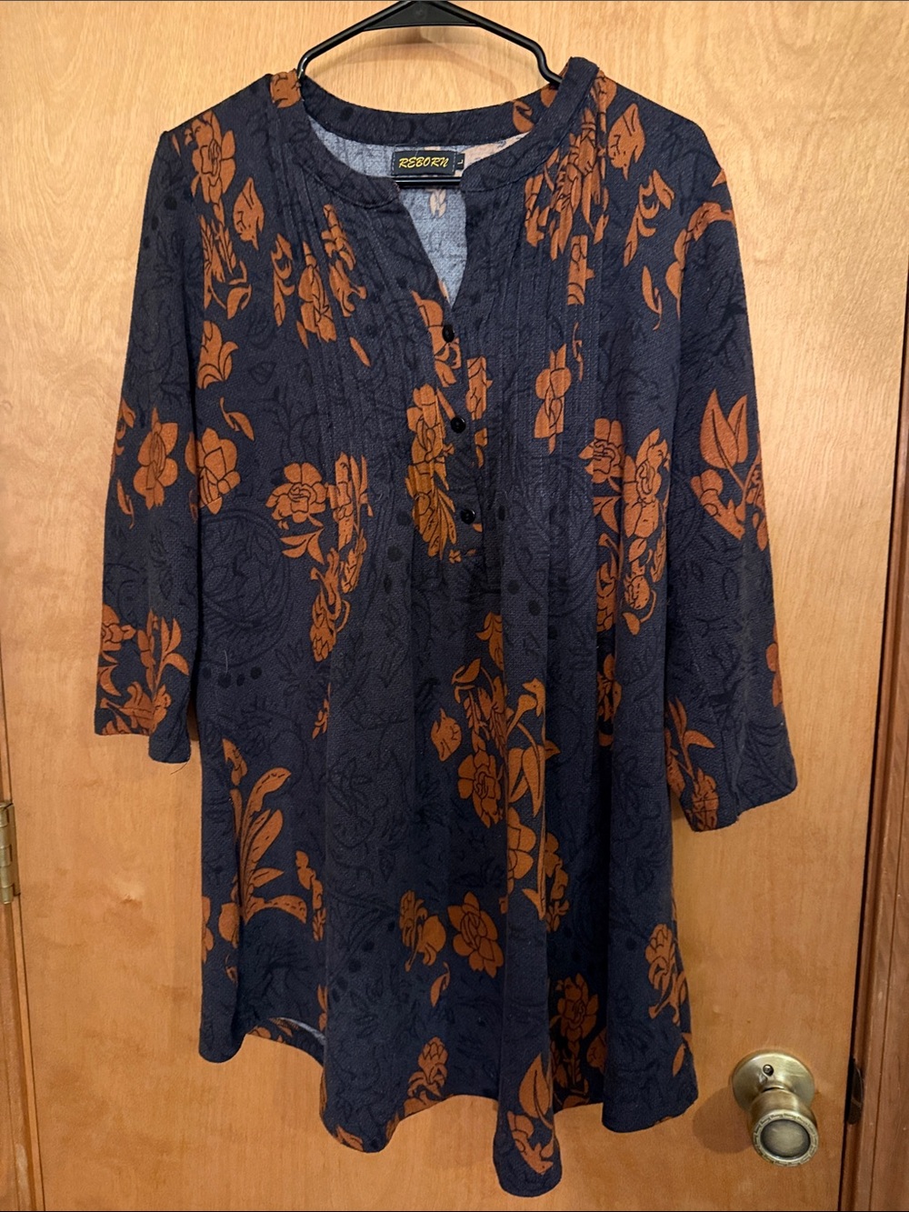 Reborn Charcoal Orange Floral Boho Pleated Tunic Blouse Size L